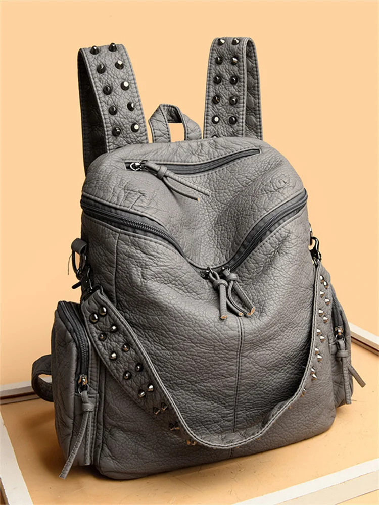 Studded Strap Utility Soft Leather Backpack Shoulder Bag