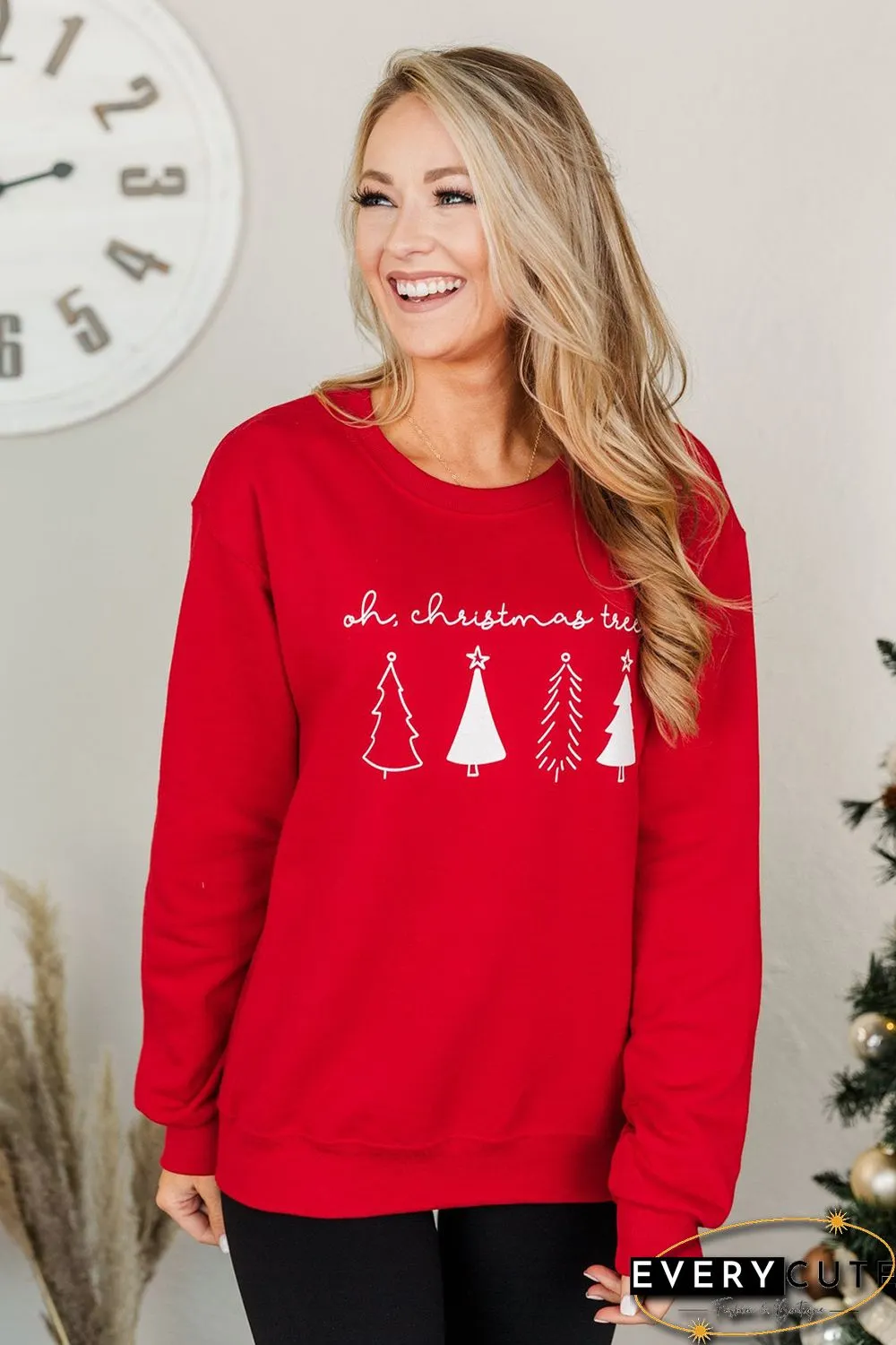 Red Christmas Tree Letter Graphic Print Long Sleeve Sweatshirt