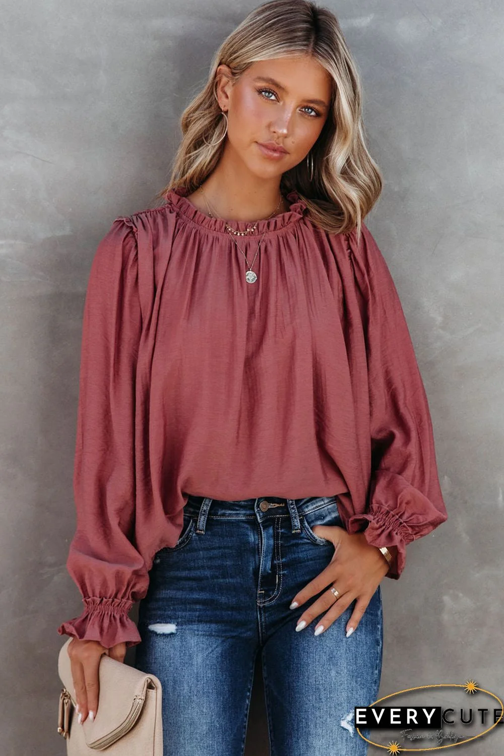 Red Frilled Neck Ruffled Long Sleeve Blouse