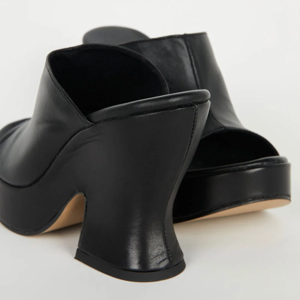 Black Round Toe Sculptural High Heeled Wide Strap Platform Mules