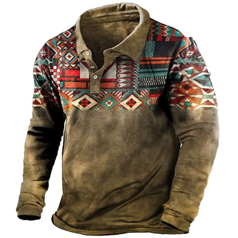 Men's Retro 3D Print Geometry Long Sleeve Polo Shirt 