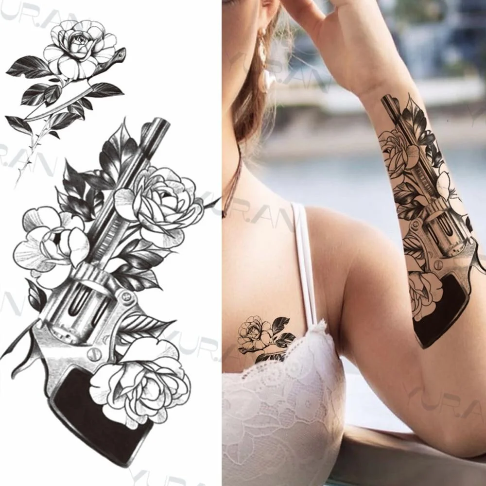 Black Large Snake Flower Fake Tattoo Sticker For Women Dot Rose Peony Temporary Tattoos DIY Water Transfer Tatoos Girls 1029