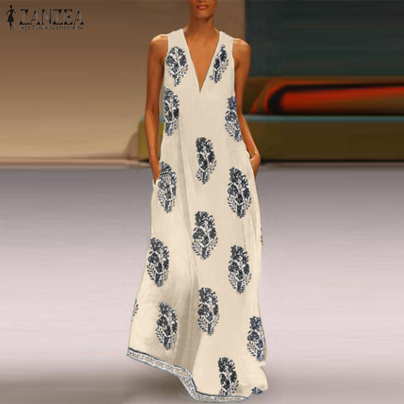 Summer Maxi Dress Women's Sundress 2024 ZANZEA Sexy V Neck Sleeveless Vestidos Female Casual Print Long Robe Femme