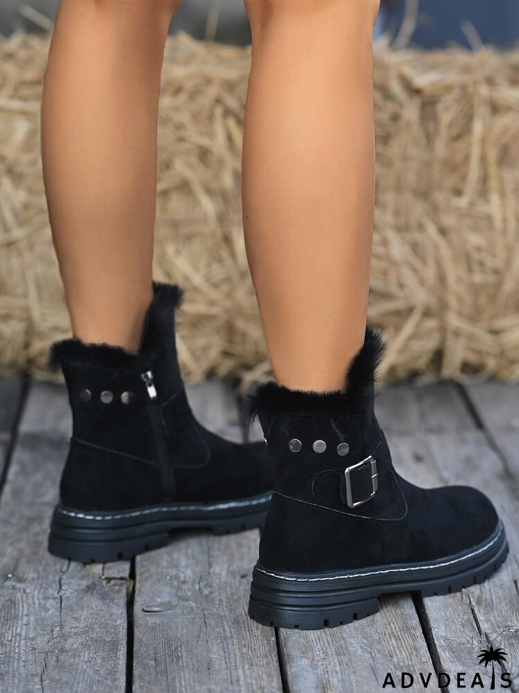 Buckle Decor Faux Suede Zip Side Snow Boots