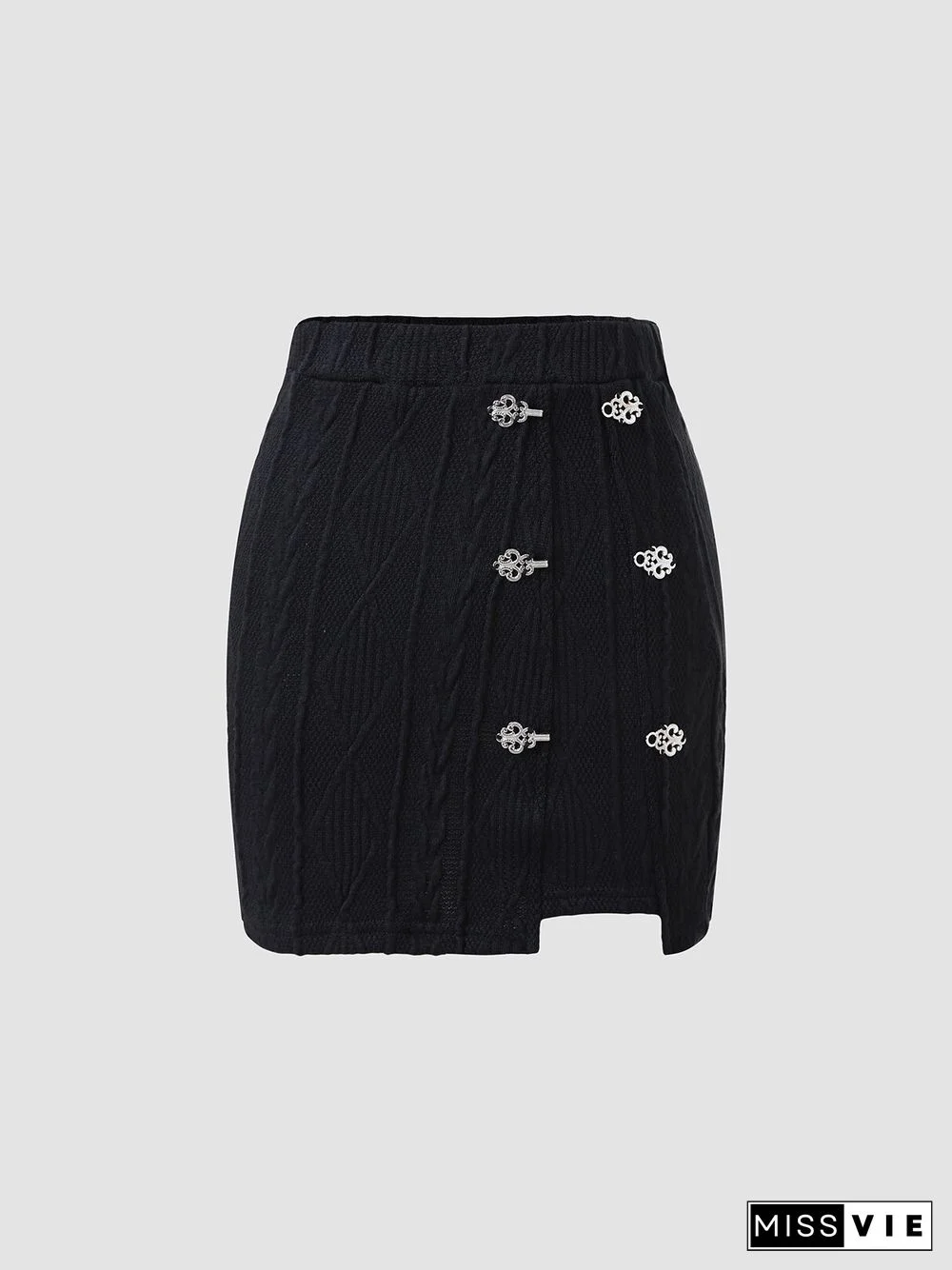 Metal Decor Asymmetrical Hem Knit Mini Skirt