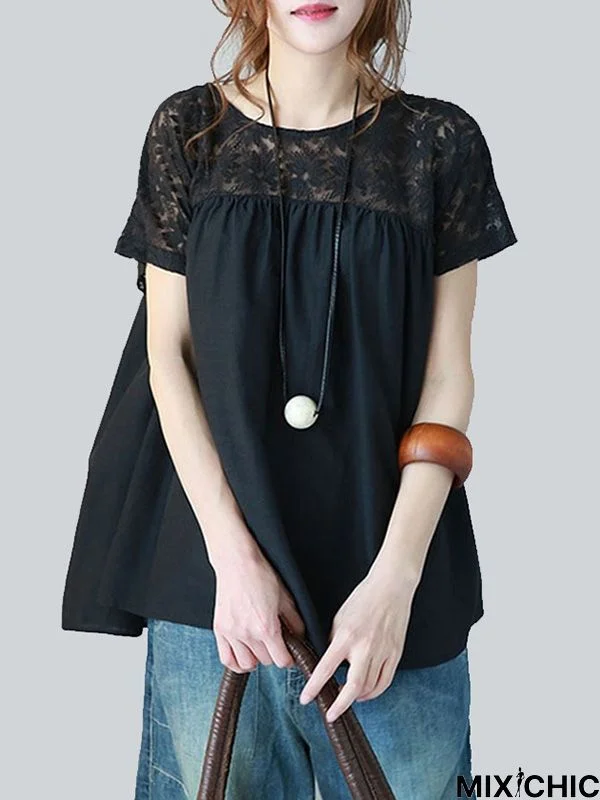 Vintage Solid Color Split-Joint Pleated Embroidered Hollow Lace Round-Neck Short Sleeves T-Shirt