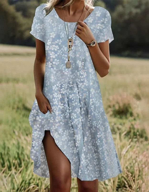Huerhs Ethnic Style Printed Summer New Short Sleeved Dress Artistic Fashionable Women's Casual Round Neck Mid Length Dress