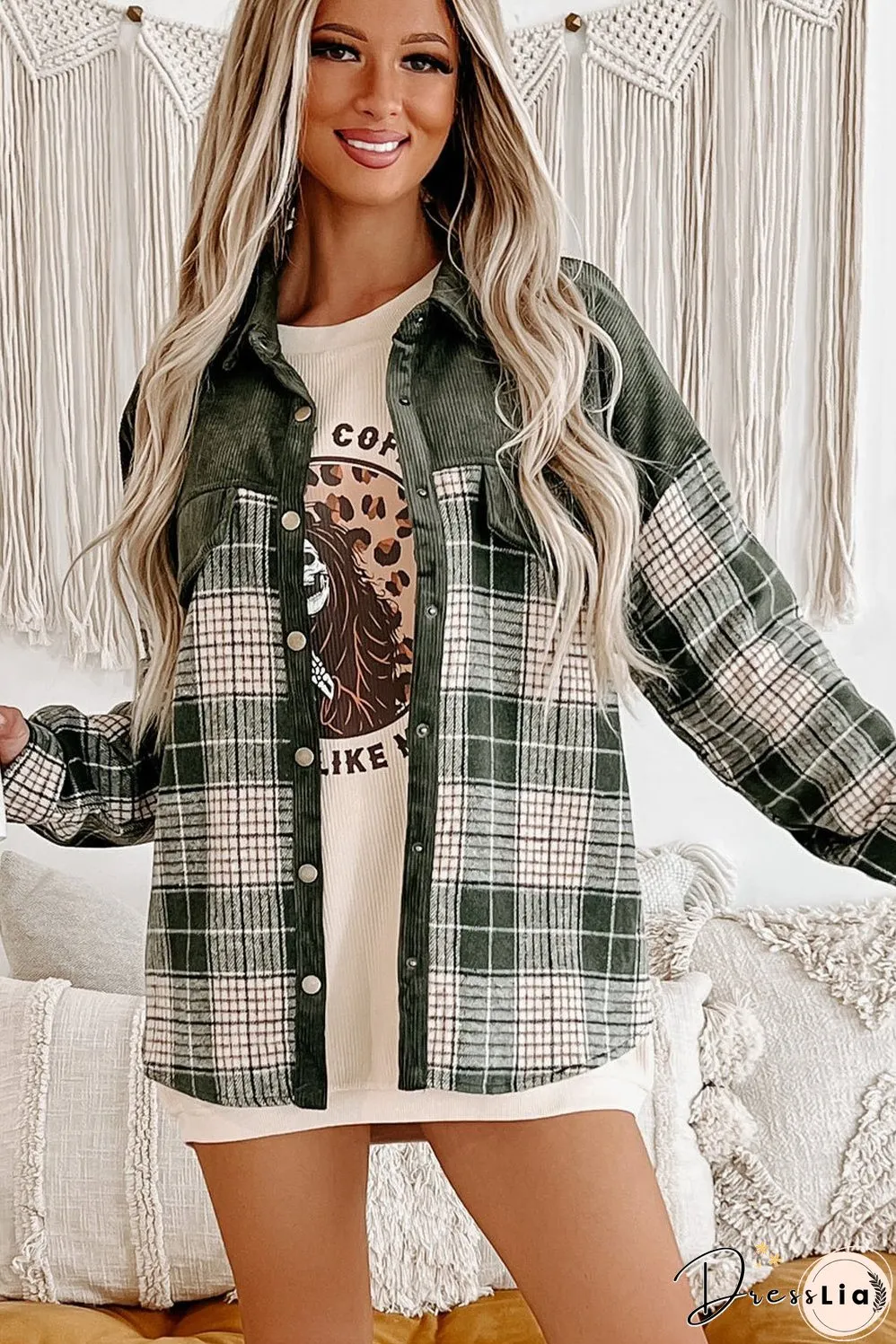 Green Plaid Corduroy Jacket with Pockets