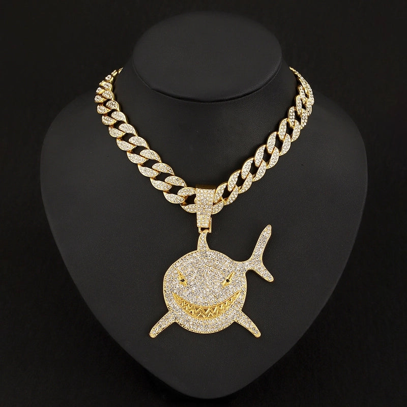 Alloy Rhinestone Large Shark Pendant Exaggerated Hip Hop Cuban Link Chain Men's Necklace