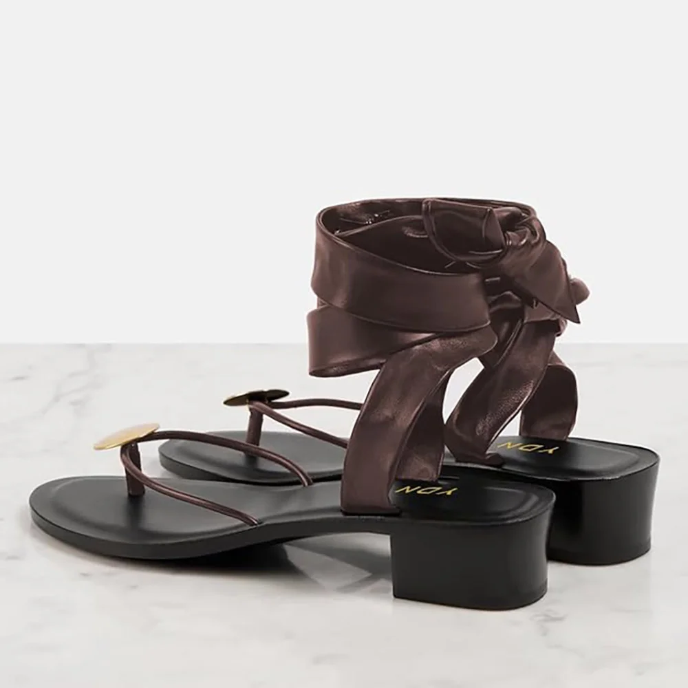 Brown Open Round Toe Hardware Block Heel Wrap Strap Flip Flops Women 