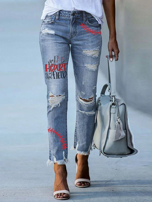 Baseball print ripped jeans for women washed frayed tassel slim fit pencil pants Flusfy