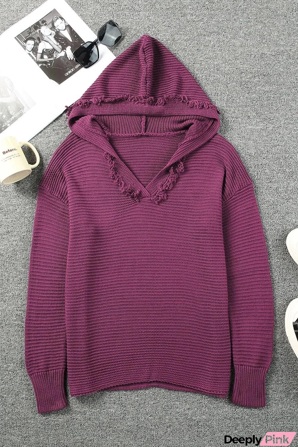 Horizontal Ribbing Fringe Trim Hooded Sweater