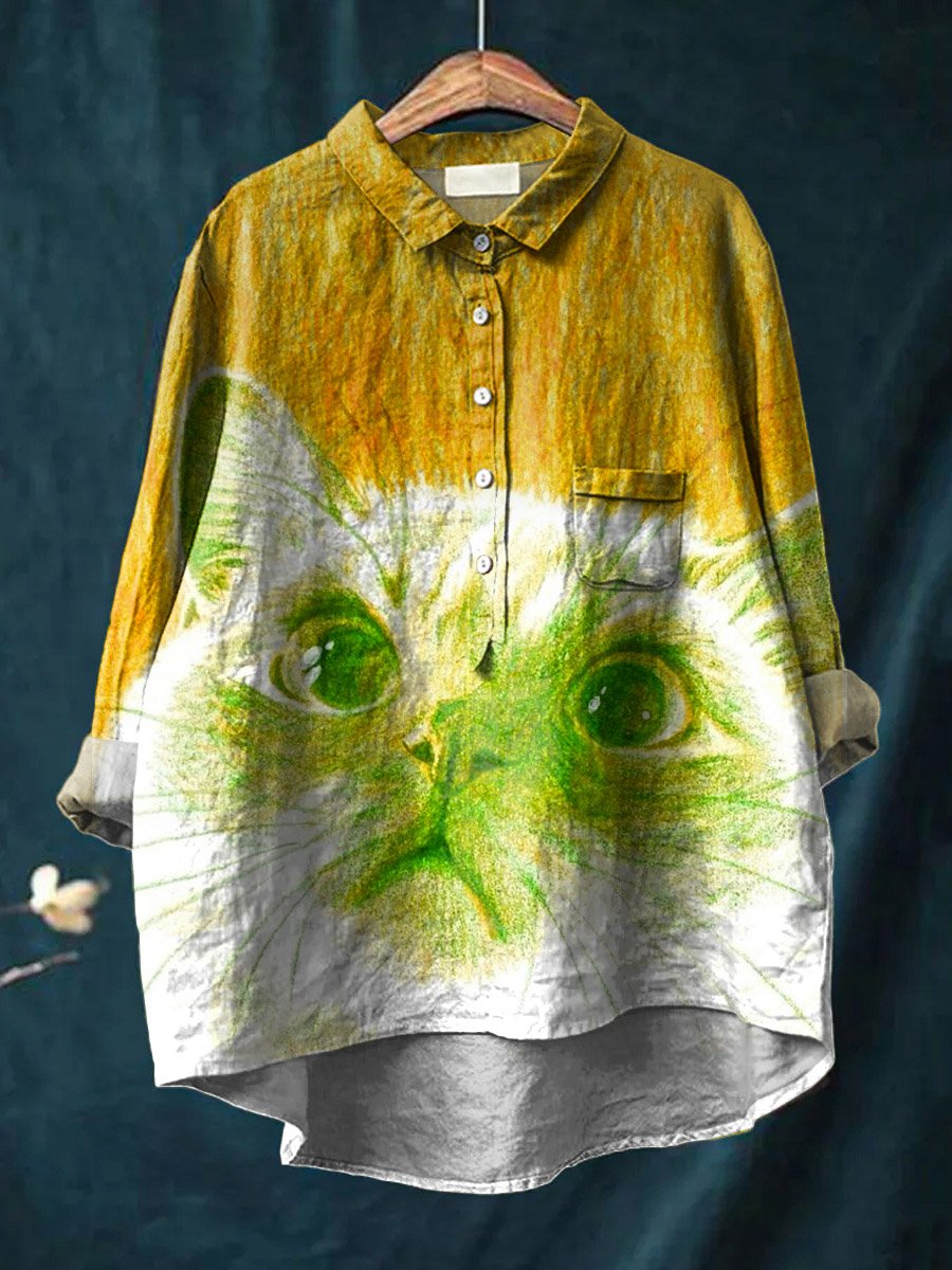 Vintage Lovely Cat Art Print Casual Cotton And Linen Shirt