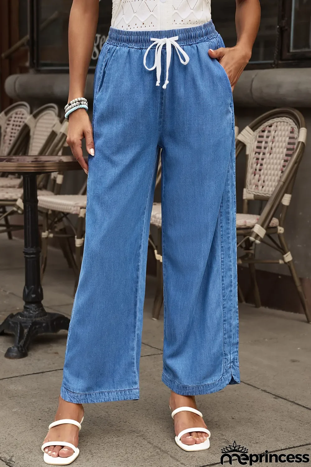 Sky Blue Wide Leg Drawstring Waist Loose Pants