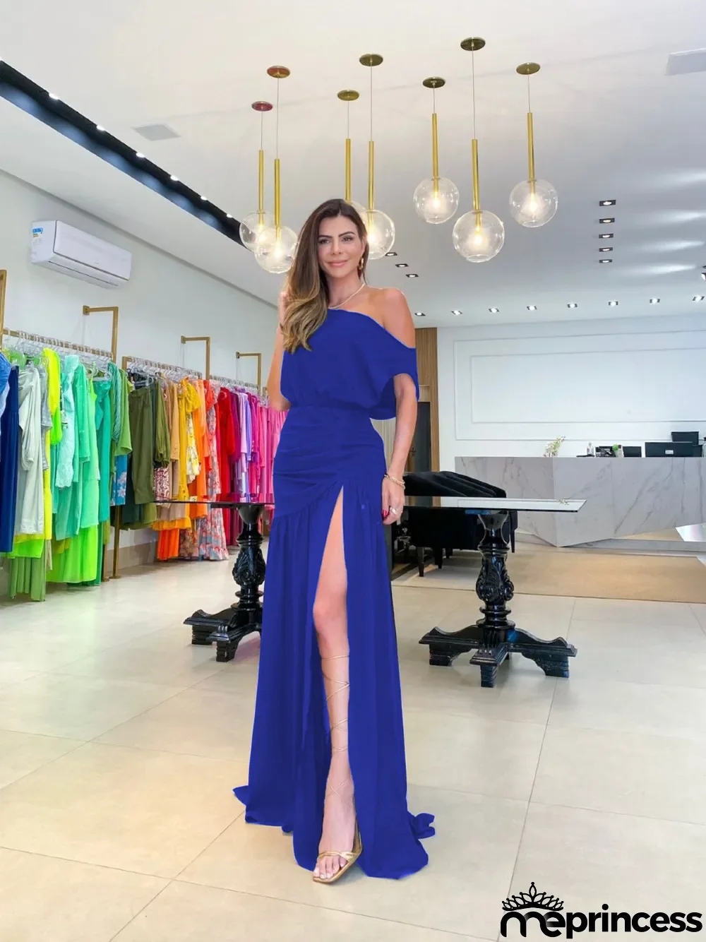 Solid Sexy Slash Shoulder Off-Shoulder Slim Waist Slit Gown Dress