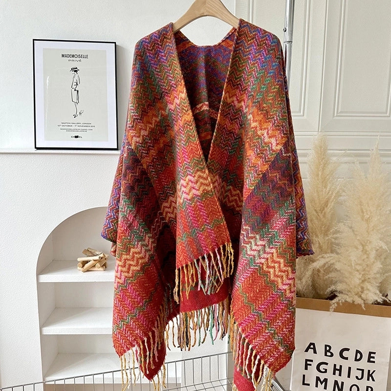 Yunnan Lijiang Travel Outside Knitted Shawl Ethnic Style Vintage Cape Cloak Tassel Scarf For Vacation Wear