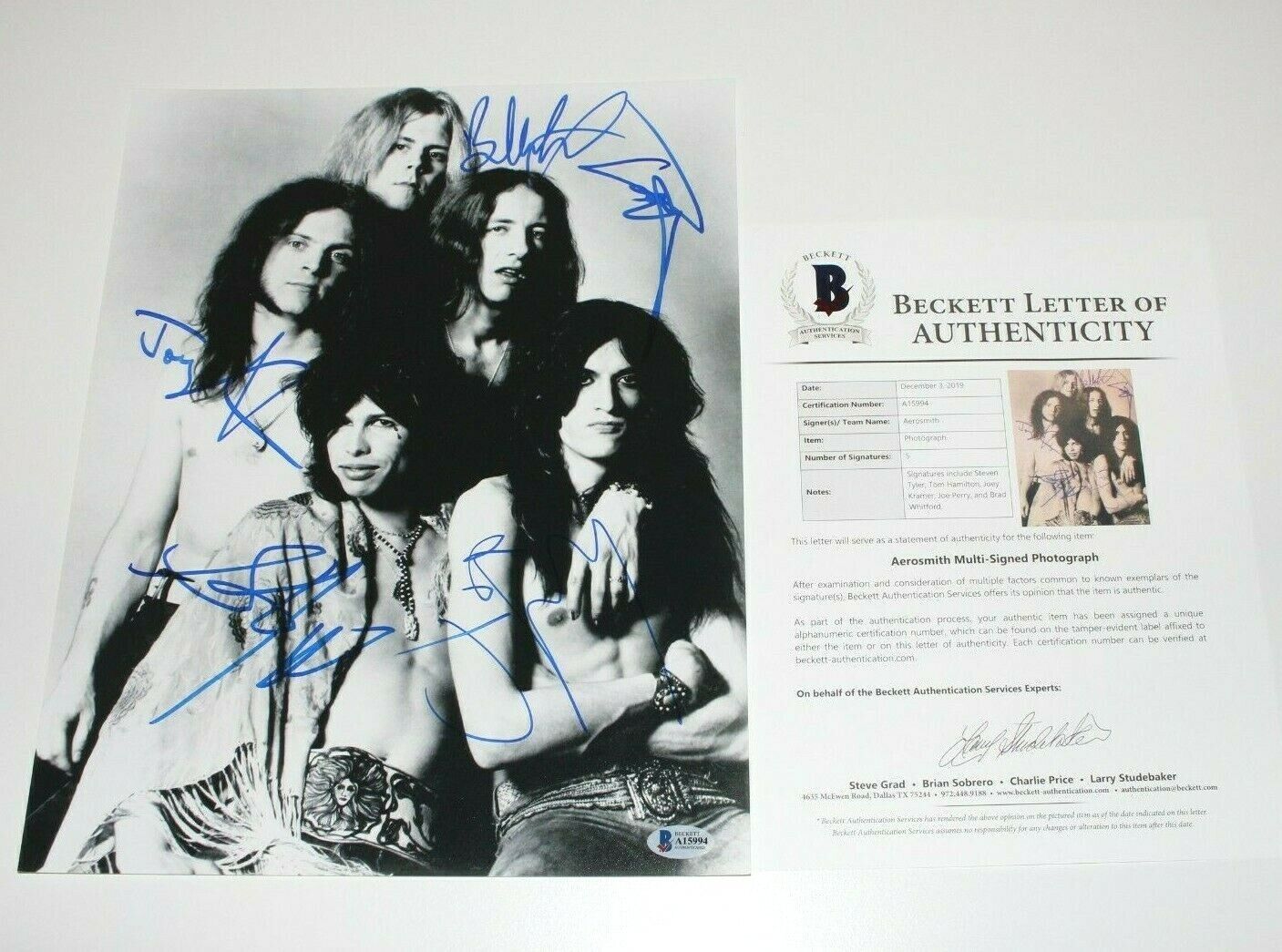 AEROSMITH BAND SIGNED 11x14 Photo Poster painting BECKETT COA STEVEN TYLER JOE PERRY ALBUM GROUP