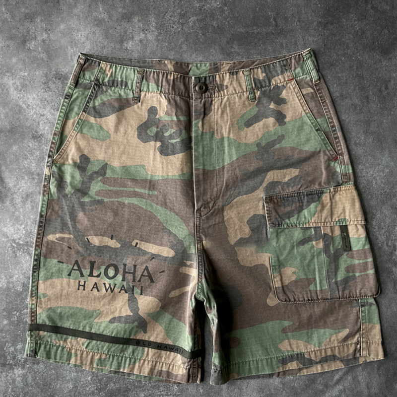 Classic Embroidered Distressed Camouflage Cargo Shorts