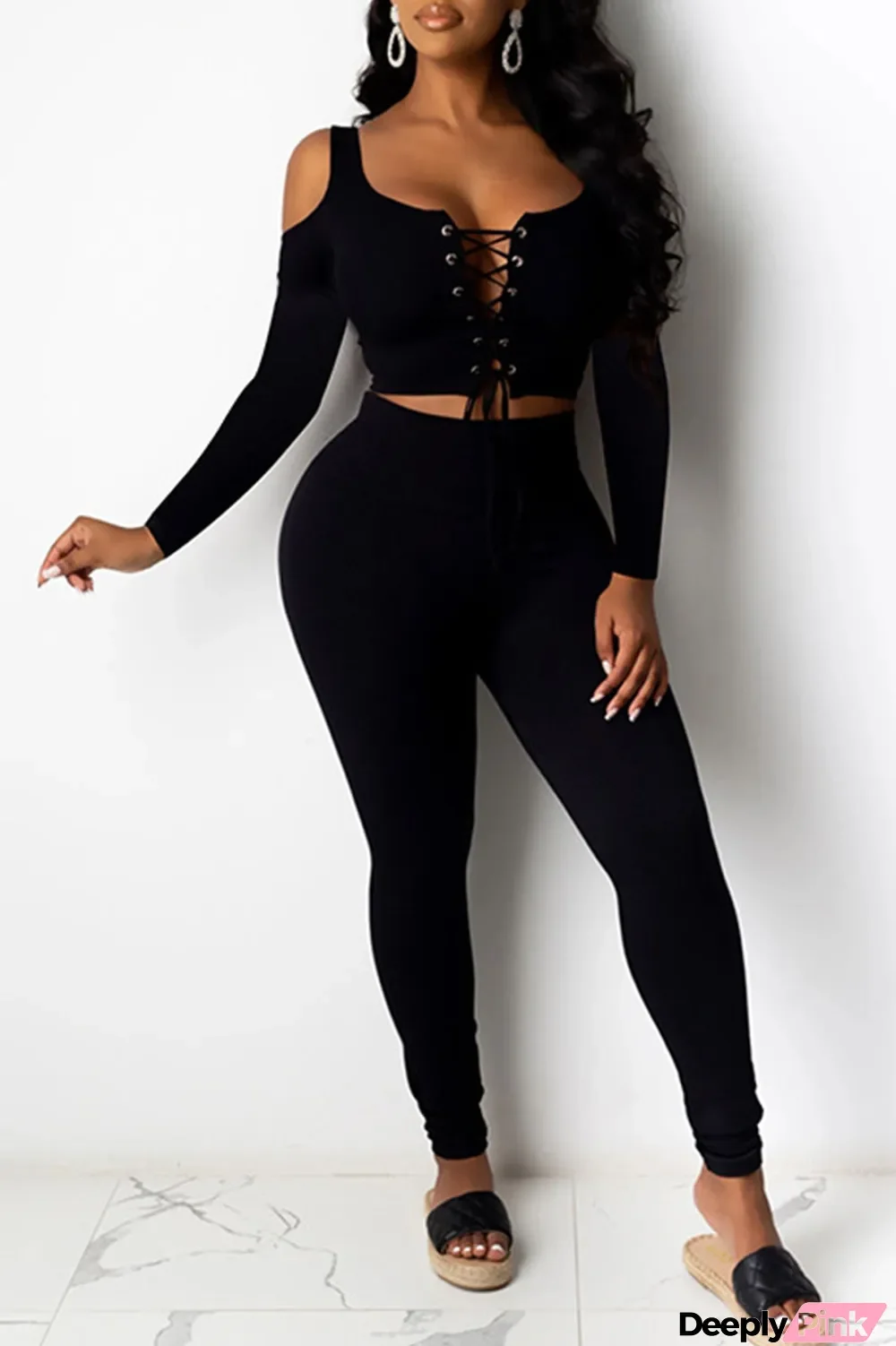 Black Sexy Solid Bandage Hollowed Out Split Joint U Neck Long Sleeve Two Pieces