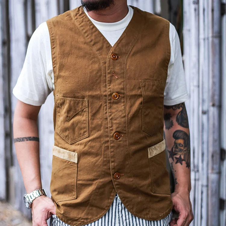 Vintage Khaki Cotton Twill Paneled Corduroy Vest