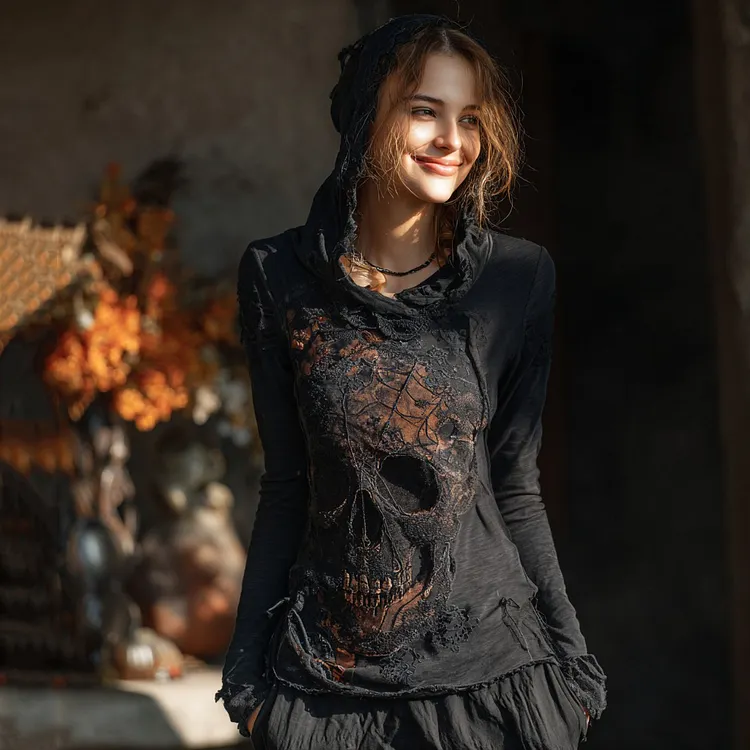 Halloween Dark Skull And Spider Web Pattern Women's Hooded T-shirt