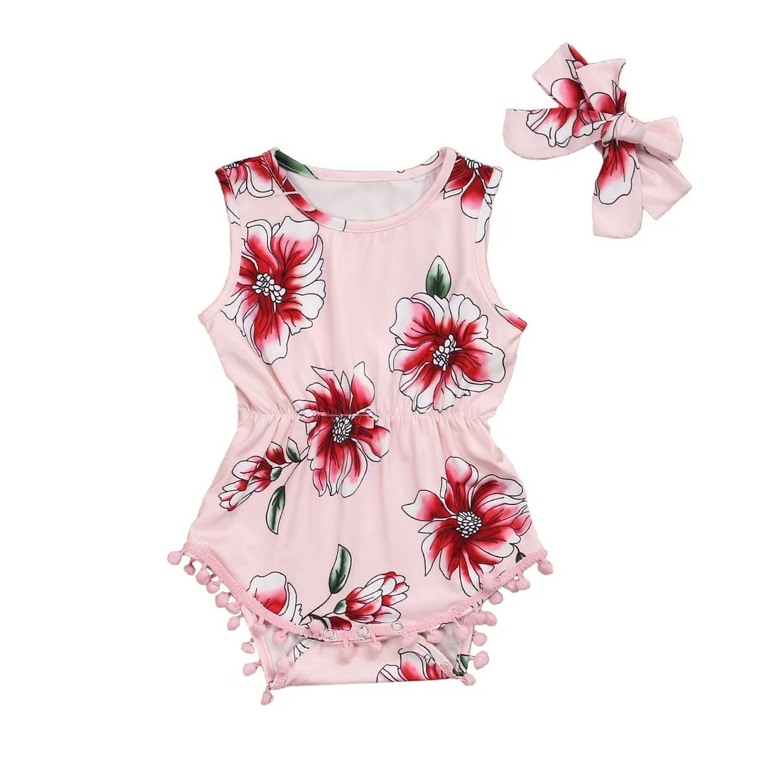 Infant Newborn Baby Girls Sleeveless Bodysuits Tassels Balls Jumpsuits Floral Playsuits +Headband
