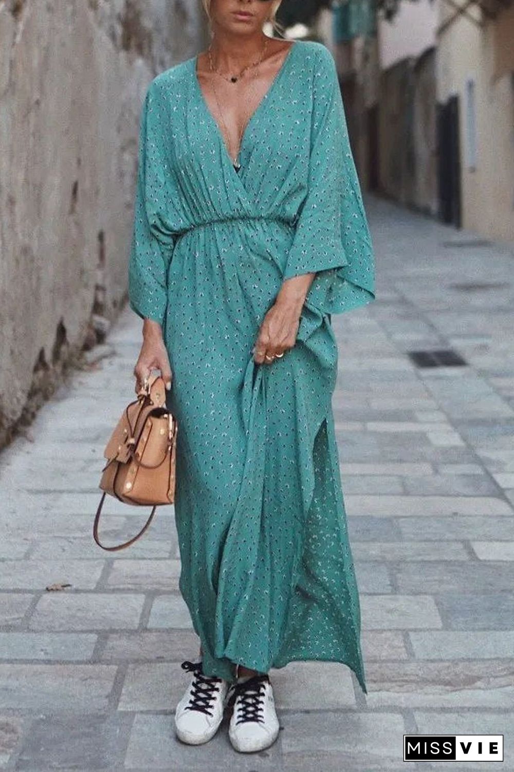 Elastic Waist High Slit V-Neck Dress