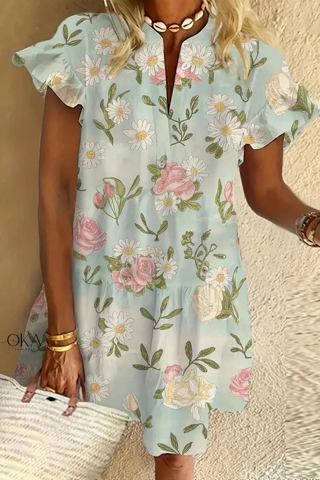 Vintage Floral Print Ruffled Short-sleeved V-neck Buttoned Dress Vacation Beach Dress