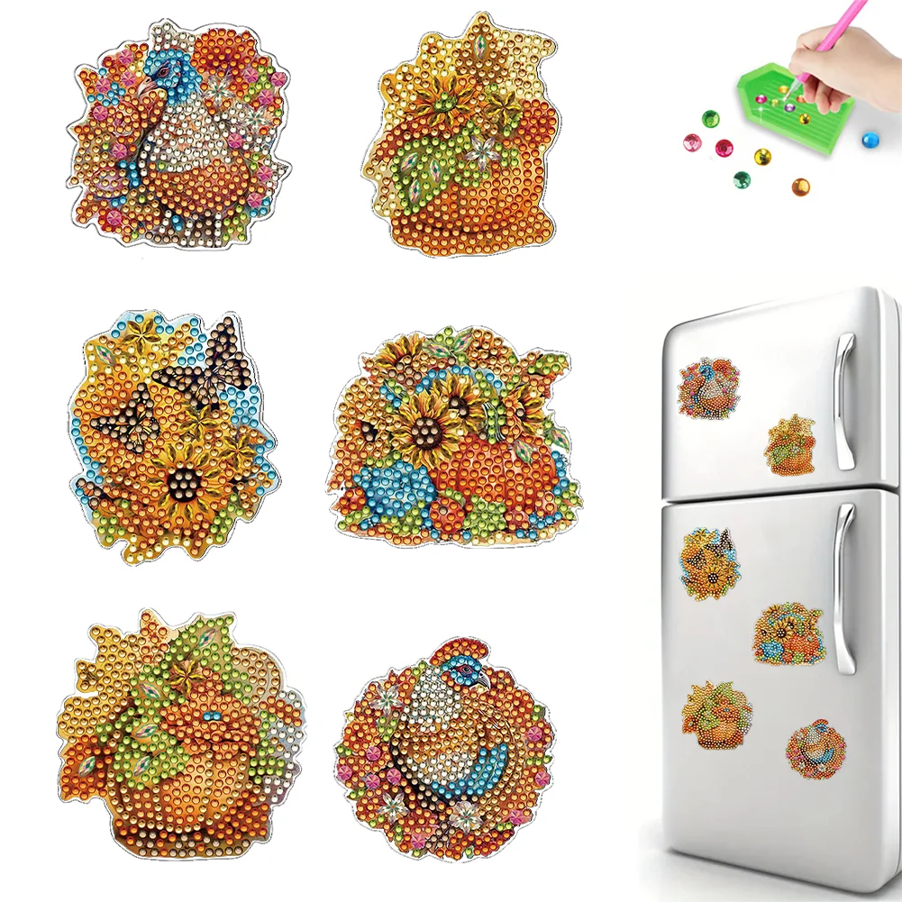 6Pcs DIY Pumpkin Turkey Acrylic Special Shape Diamond Painting Fridge Magnet