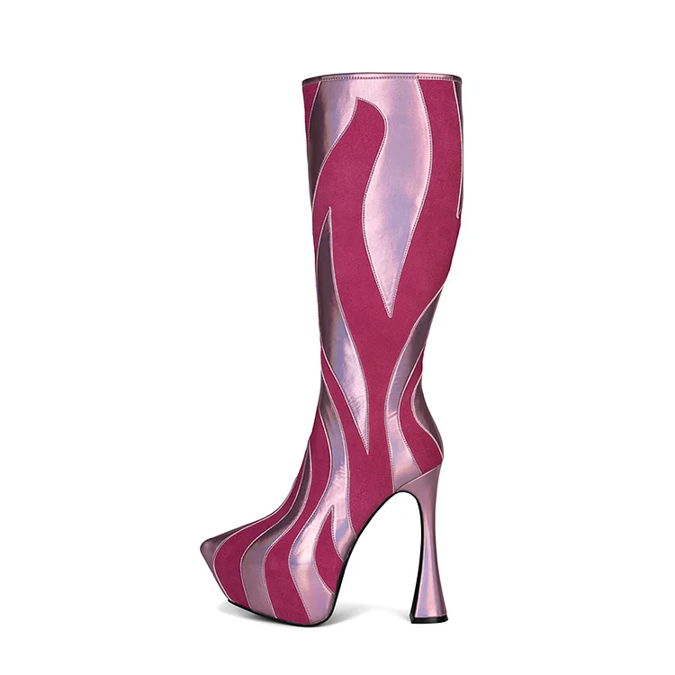 Fuchsia Knee-high Stiletto Platform Boots Pointed Toe Shoes Vdcoo