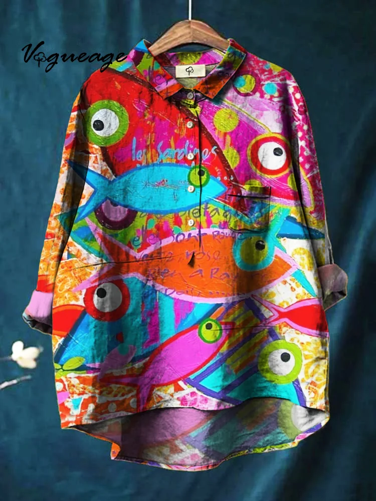 Colorful Hand Drawn Doodle Fish Print Cotton And Linen Shirt