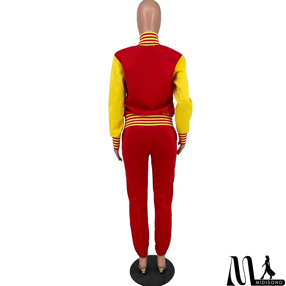 MidiSono - Women Letter Baseball Jacket and Pant Two-Piece Set