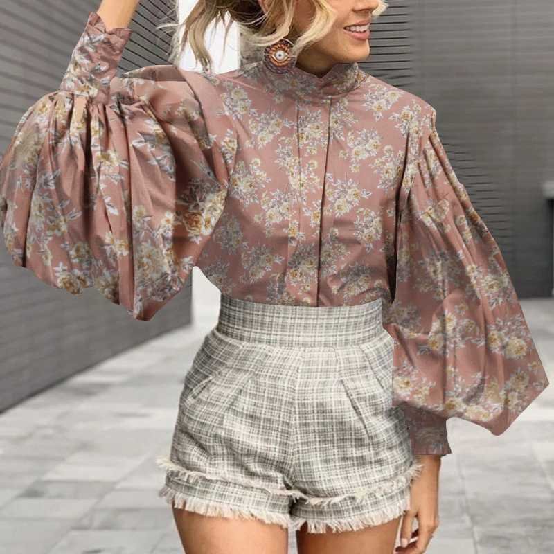 Celmia 2021 Fashion Shirts Women Big Lantern Sleeve Floral Print Blouse Casual Loose Stand Collar Office Elegant Tops