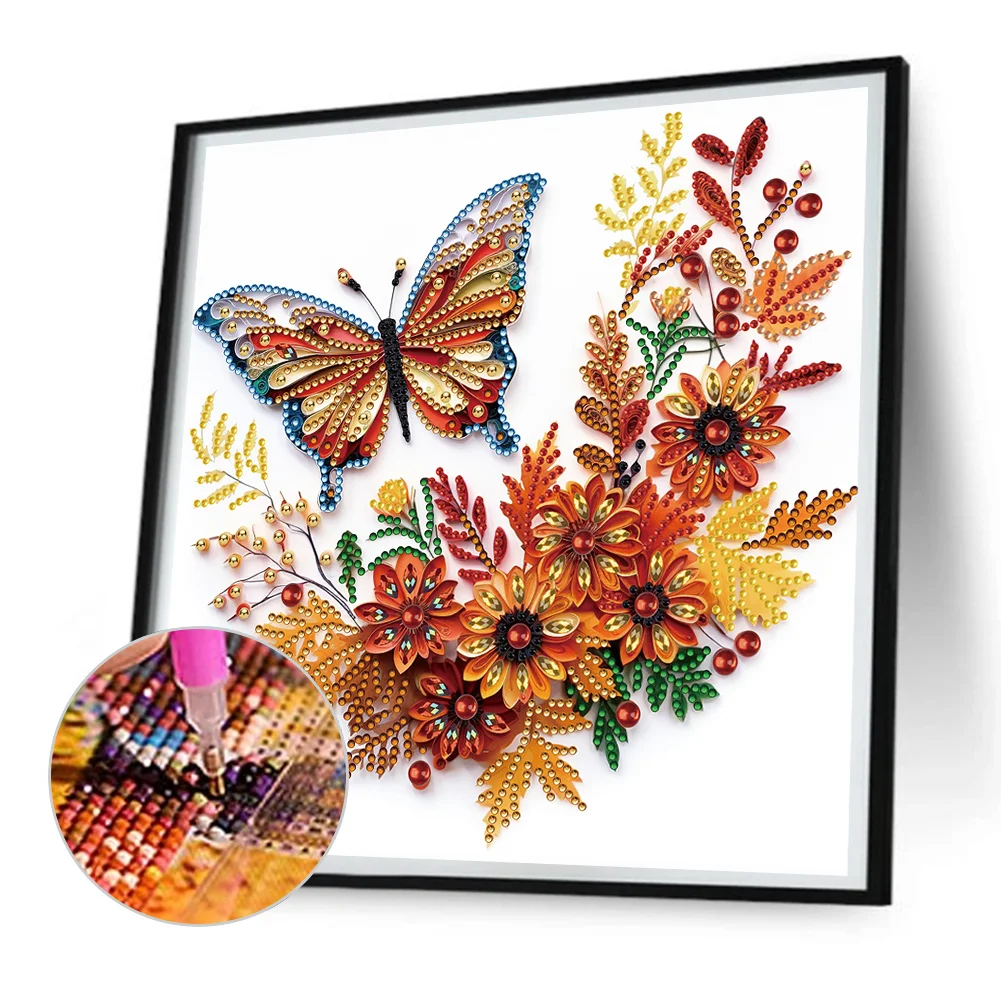 Diamond Painting - Partial Special Shaped Drill - Flower Butterfly(Canvas|30*30cm)