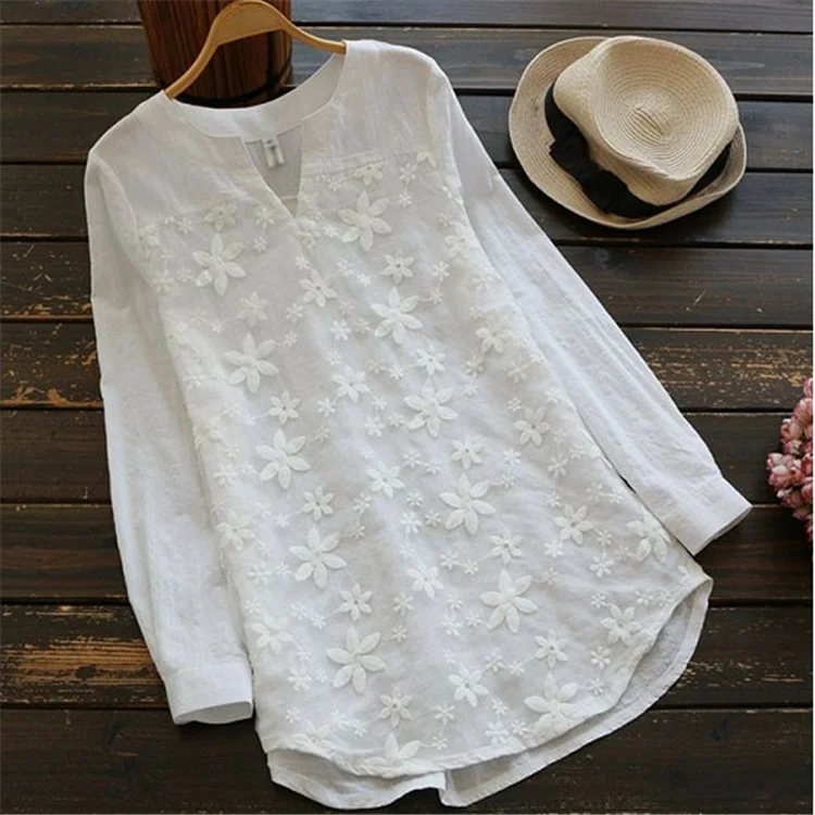 V Neck Embroidered Patchwork Embroidery Blouses