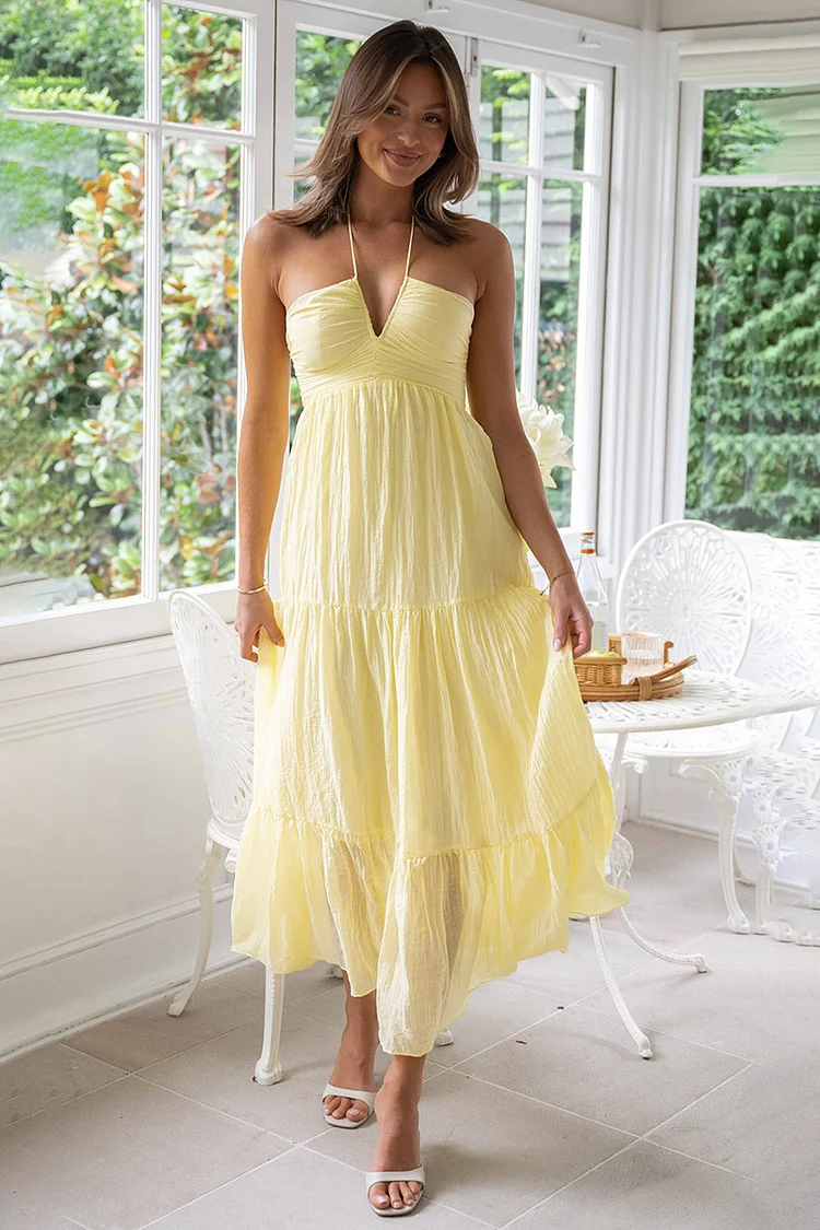 Halter Sleeveless Backless Tiered Pleated Flowy Vacation Maxi Dress