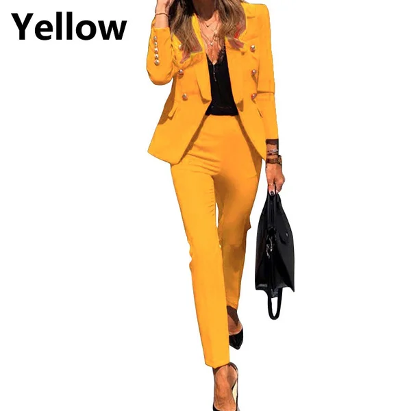 Women's Solid Color Office Outfits Work Blazer Jacket Pants Suit Set Formal Business