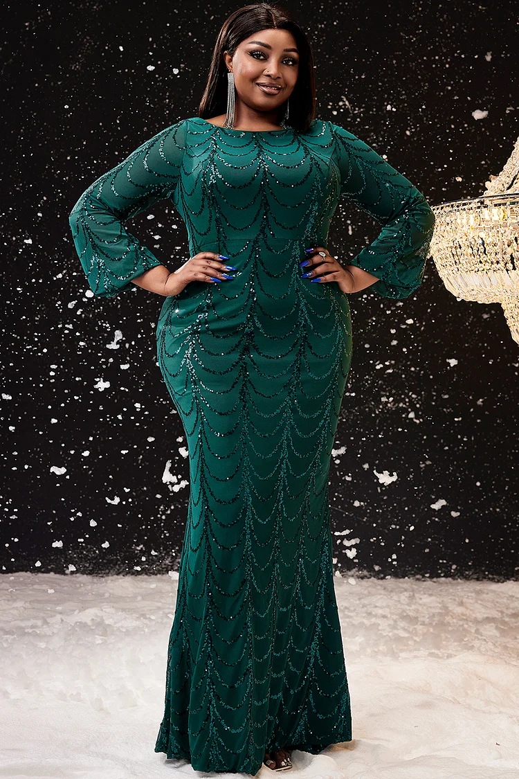 Xpluswear Design Plus Size Evening Dress Green Round Neck Long Sleeve Glitter Sequins Mermaid Maxi Dress [Pre-Order]