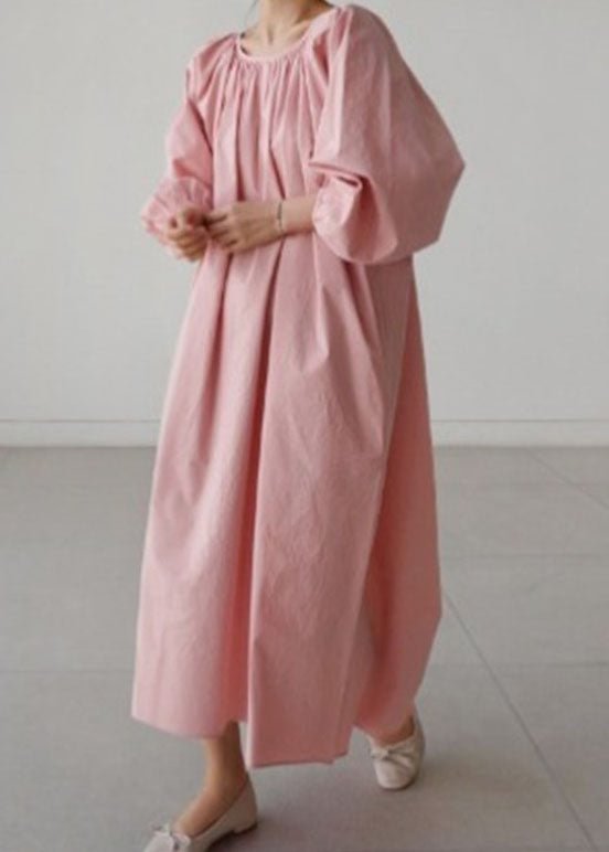 Pink O-Neck wrinkled Cotton Holiday Dress Spring CK2889- Fabulory