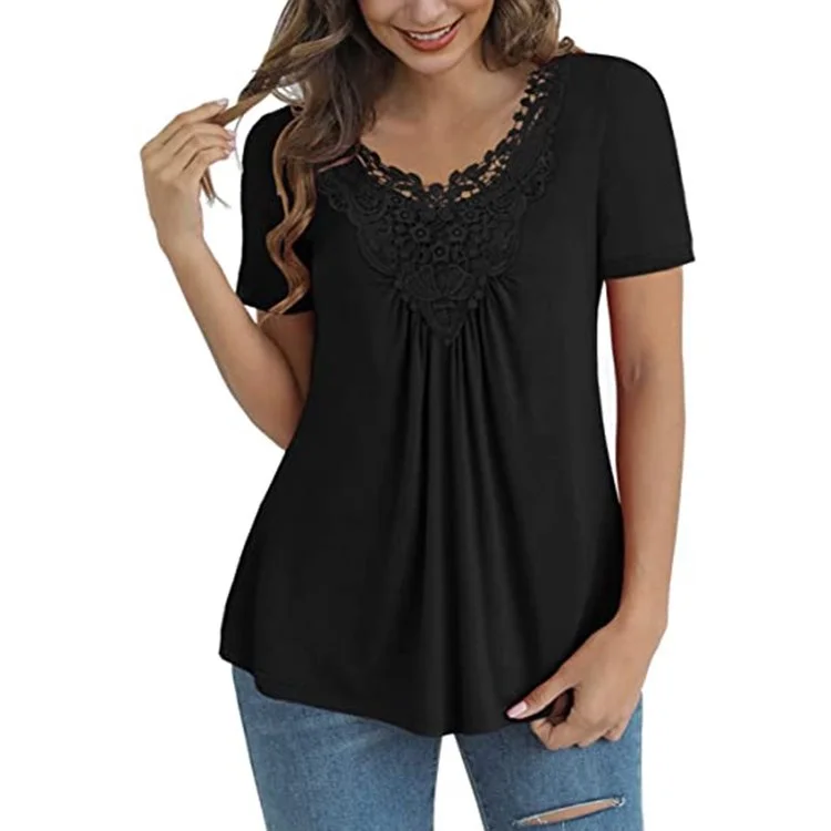 Women's Plus Size Tops Casual Blouse Short Sleeve Lace Tops