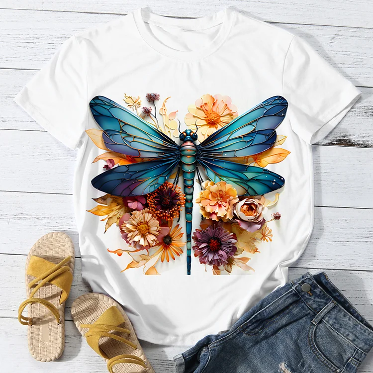 Dragonfly with Vibrant flower  Women Round Neck T-shirt - BSTCA0084