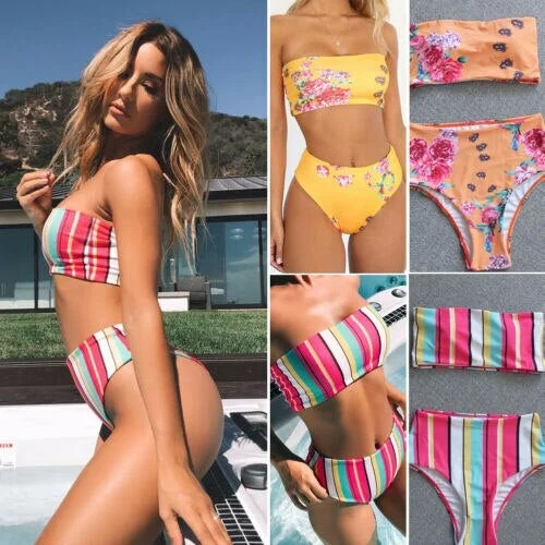 Women Summer Beach Monokini 2Pcs Striped Strapless Bikini Set Ladies Holiday High Waist Swimwear Swimsuit Bathing Suit
