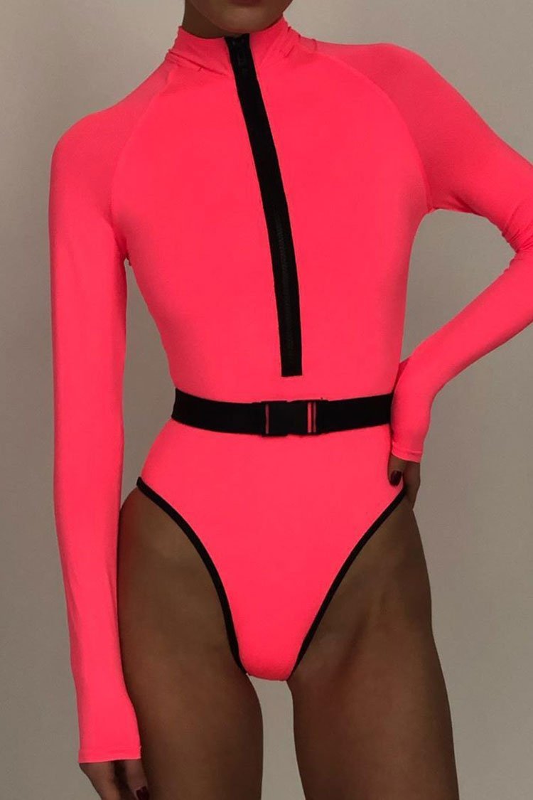 Neon Sleeved Zipper Front High Neck One Piece Swimsuit-elleschic
