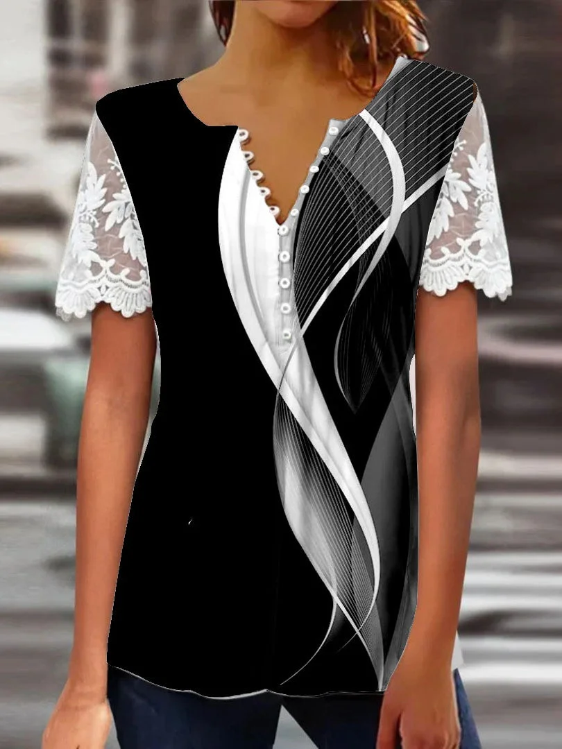 Women Short Sleeve V-neck Colorblock Striped Printed Printed Graphic Lace Button Tops