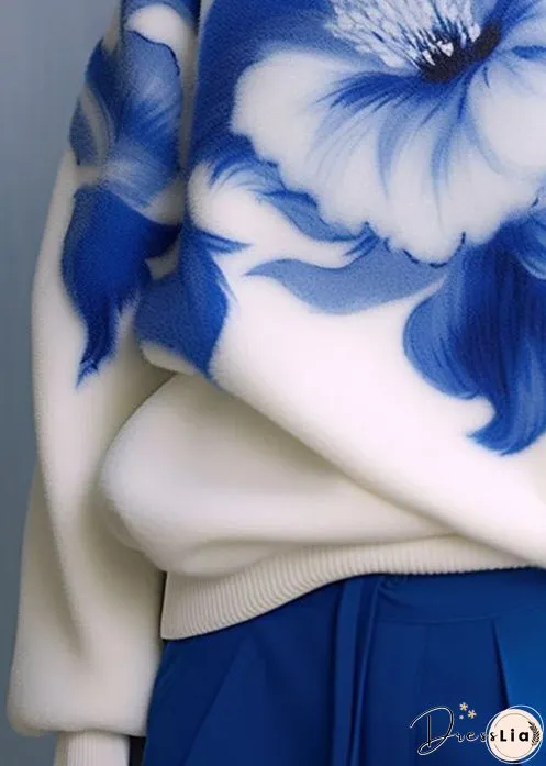 New White O Neck Print Cozy Knit Sweaters Fall