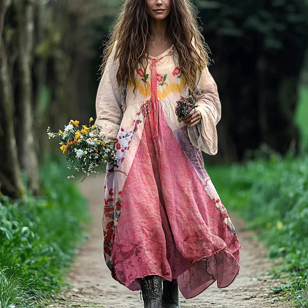 Women's Vintage Floral Art Linen Blend Maxi Dress