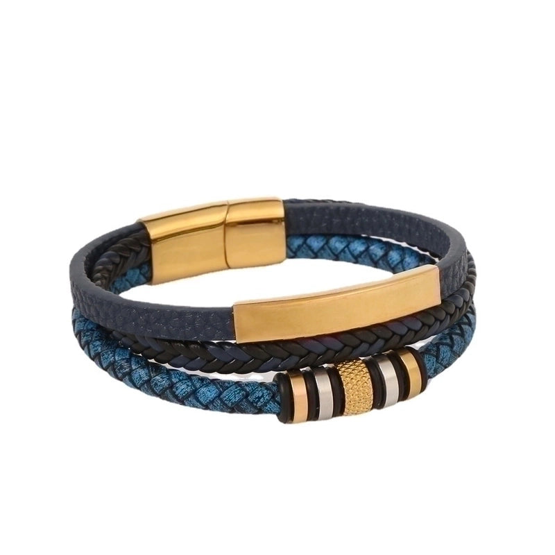 2 Pieces Stainless Steel Pu Leather Casual Hip-Hop Plating Magnetic Braid Stripe Plaid Twist Bracelets Bangle