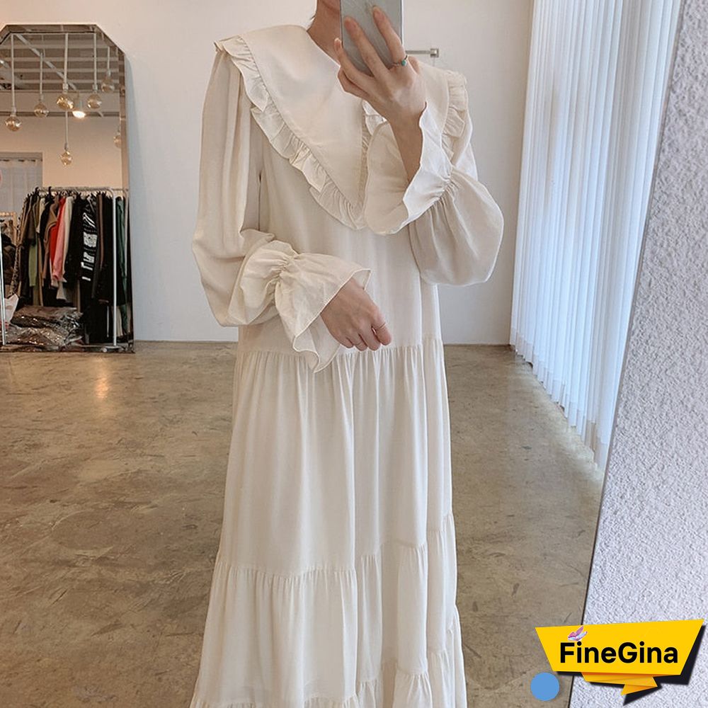 spring new peter pan collar cascading ruffles termperament long dress solid formal seaside robe all-match spring stylish