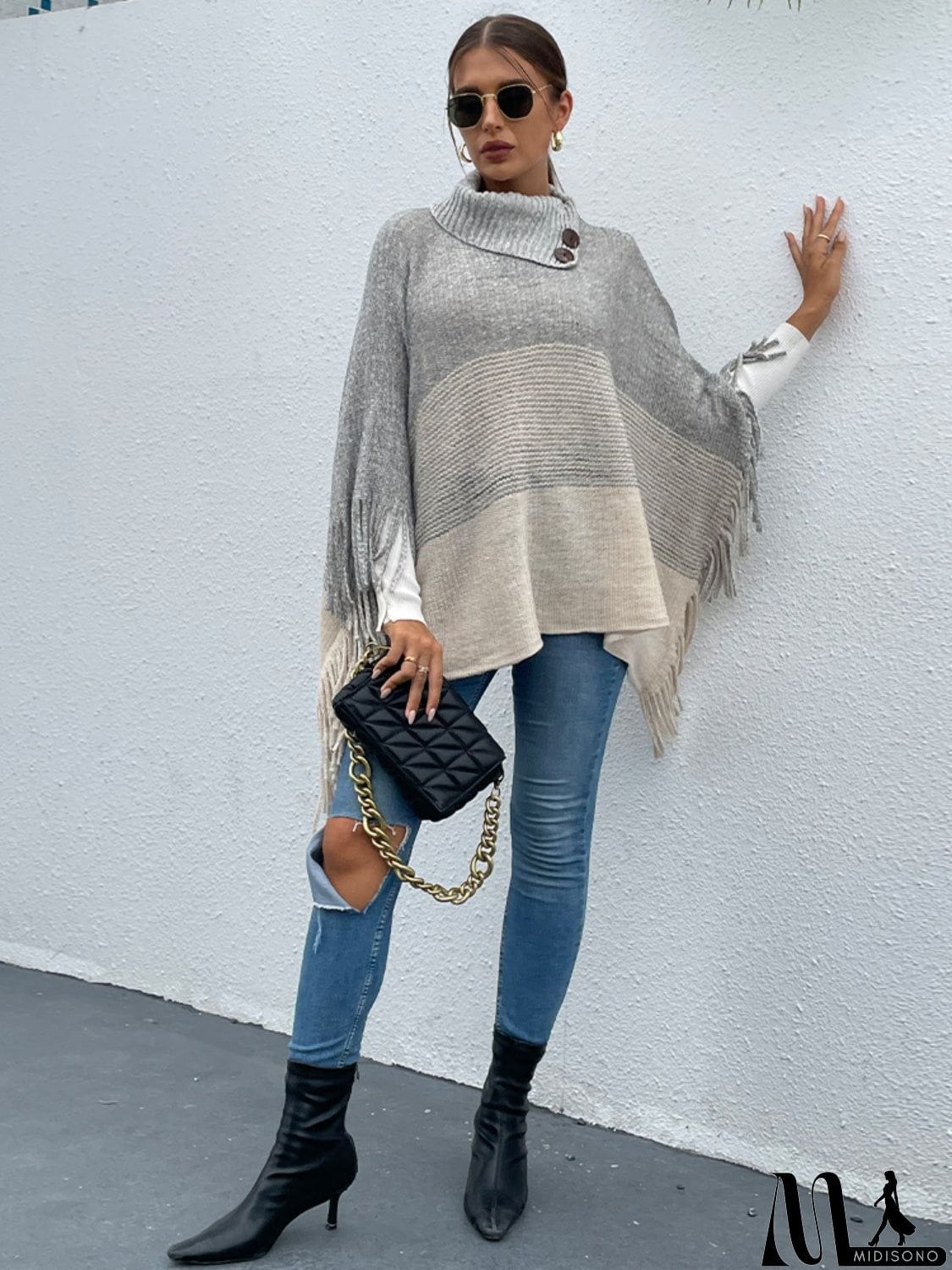 MidiSono - Color Block Fringed Sweater