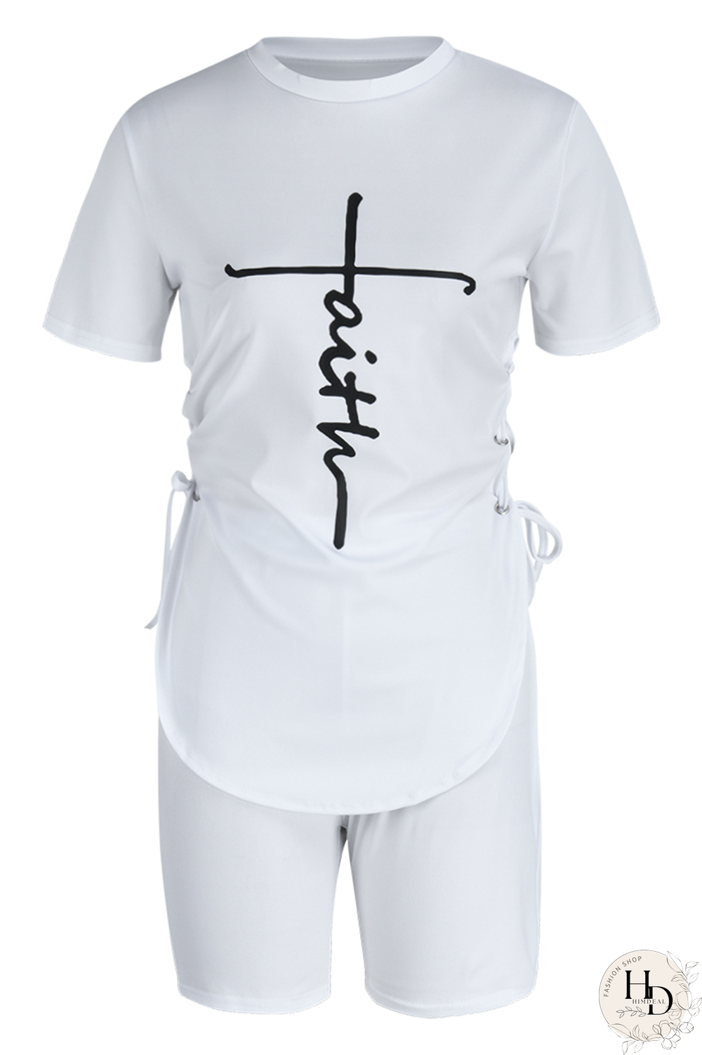 White Casual Print Draw String O Neck Short Sleeve Two Pieces